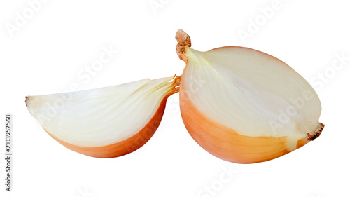 White or big onion bulb in half and quarters in stack isolated on white background with clipping path