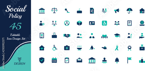 Foto Set of 45 flat social policy icons for web and mobile design, featuring symbols