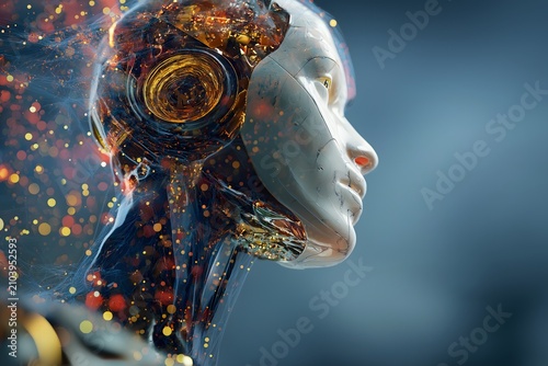 A timeless robot head profile with luminous particle effects.