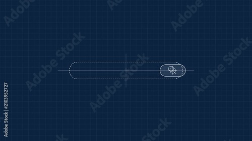 Digital search bar loading animation featuring teal progress on a dark blue technical blueprint grid interface.