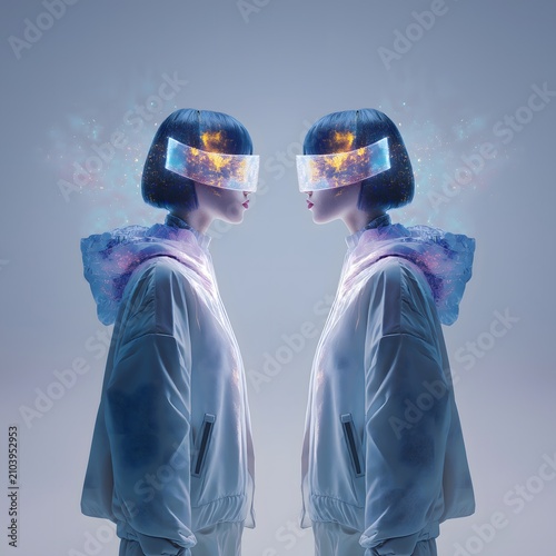 Two people with futuristic visors and white sweatshirts face each other.