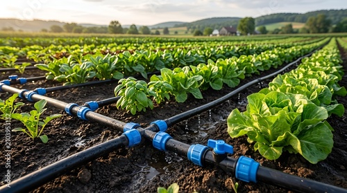 Modern drip irrigation system delivering water to rows of green organic crops in a field