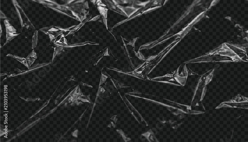 Abstract vector graphic illustration featuring crinkled plastic film texture with sharp highlights and dark transparent folds for creative design overlays