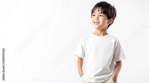 A young child stands against a plain white background, wearing a white T-shirt and smiling with hands in pockets, likely posing for a photo.