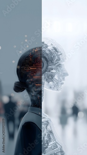 A split image showing a human profile on one side and a transparent, mechanical robotic head on the other.