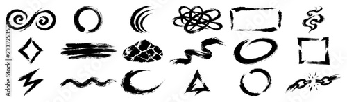 Bild auf Leinwand Collection of black ink symbols and abstract brush marks in hand drawn style