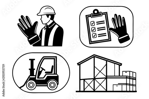 Construction worker and forklift with wooden house frame icons
