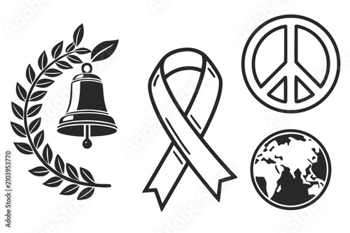 Awareness ribbons and symbols set for health and peace