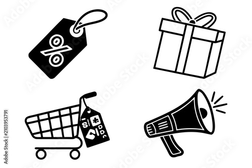 Shopping and sale vector icons set with gift and cart