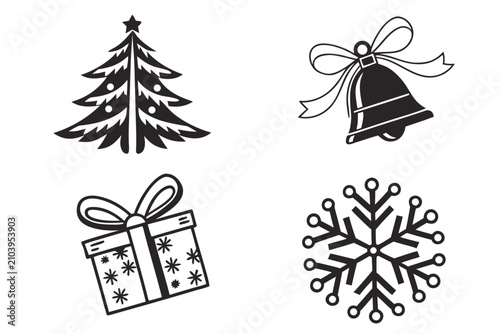 Four festive winter holiday icons with snowflakes and gifts