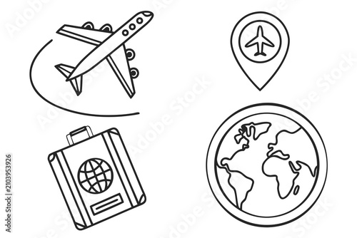 Travel and vacation icons set with airplane map and passport