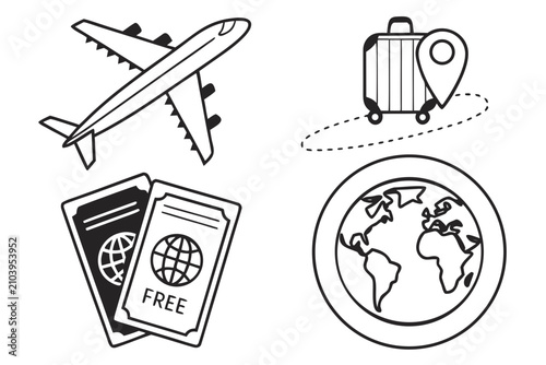 Travel and vacation icons set with airplane globe and suitcase