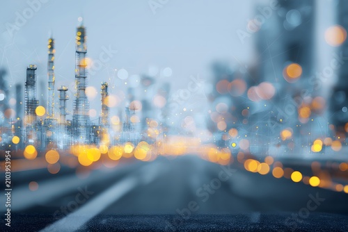 An industrial plant or refinery with lofty towers, blazing lights, and a bokeh effect over a street scene.