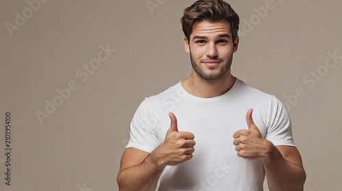 A young man in a white t-shirt gives a thumbs-up gesture against a plain, neutral background, likely indicating approval or agreement.