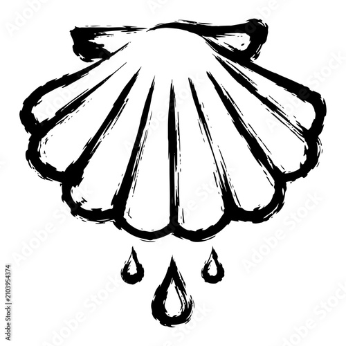 Canvastavla Scallop shell with water droplets as pilgrimage symbol in bold black ink style