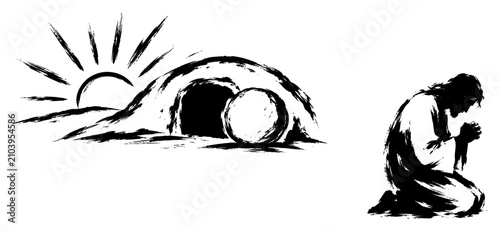 Fotografie Resurrection scene with empty tomb sunrise and Jesus praying in artistic black i