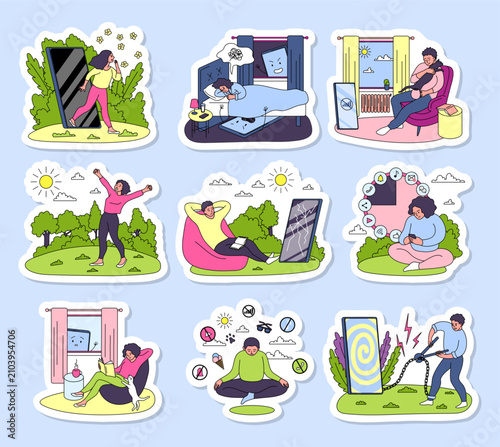 Cartoon Color Characters People and Digital Detox Concept Sticker Flat Design Style with Elements Thin Line. Vector illustration