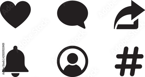 Black social media icons set with heart speech bubble bell hashtag