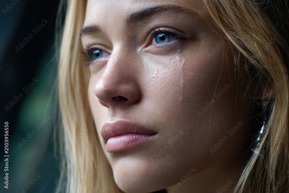 Fototapeta premium Emotional close-up of a woman with tears gently rolling down her cheek in soft natural lighting