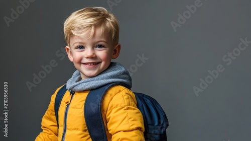 A young child with blonde hair, wearing a yellow jacket and a gray scarf,