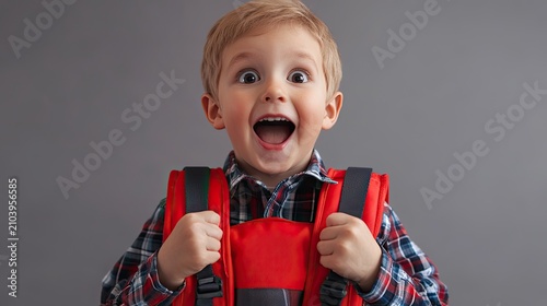 A joyful young child with blonde hair, wearing a plaid shirt and holding a red backpack, is smiling widely with eyes wide open against a gray background.