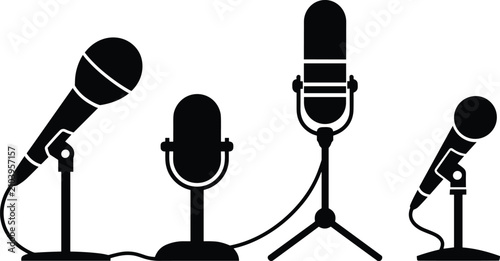Cuadro en lienzo Microphone silhouette collection vocal recording podcasting and broadcast equipm