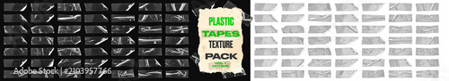 Clear adhesive plastic tape strip collection, realistic transparent scotch tape textures with wrinkles and folds. High quality adhesive tape overlays for scrapbooking, photo collage