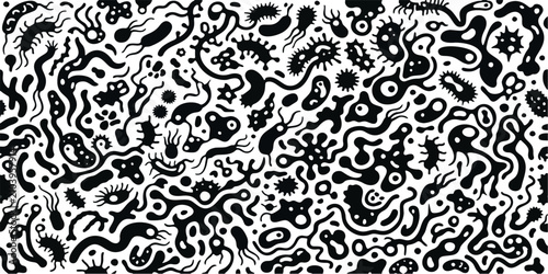 Abstract Microorganism Doodle Seamless Pattern. Black and White Hand Drawn Biology Background.