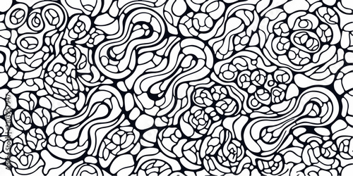 Abstract Organic Line Art Seamless Pattern. Black and White Hand Drawn Flowing Shapes Background.