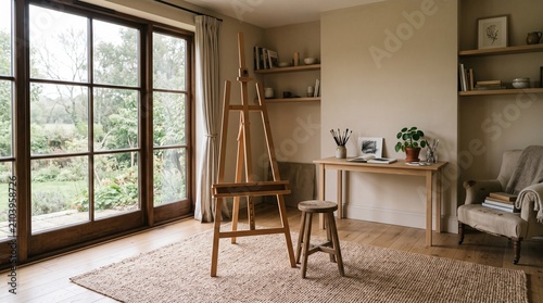 Artist studio interior with wooden easel and natural sunlight, painting
