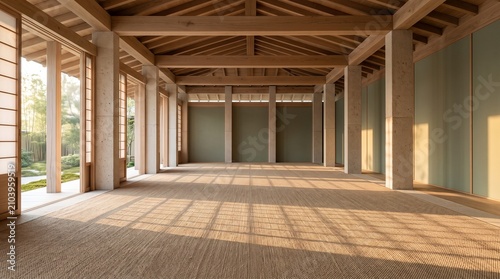 Zen meditation room interior with minimalist wooden architecture and natural