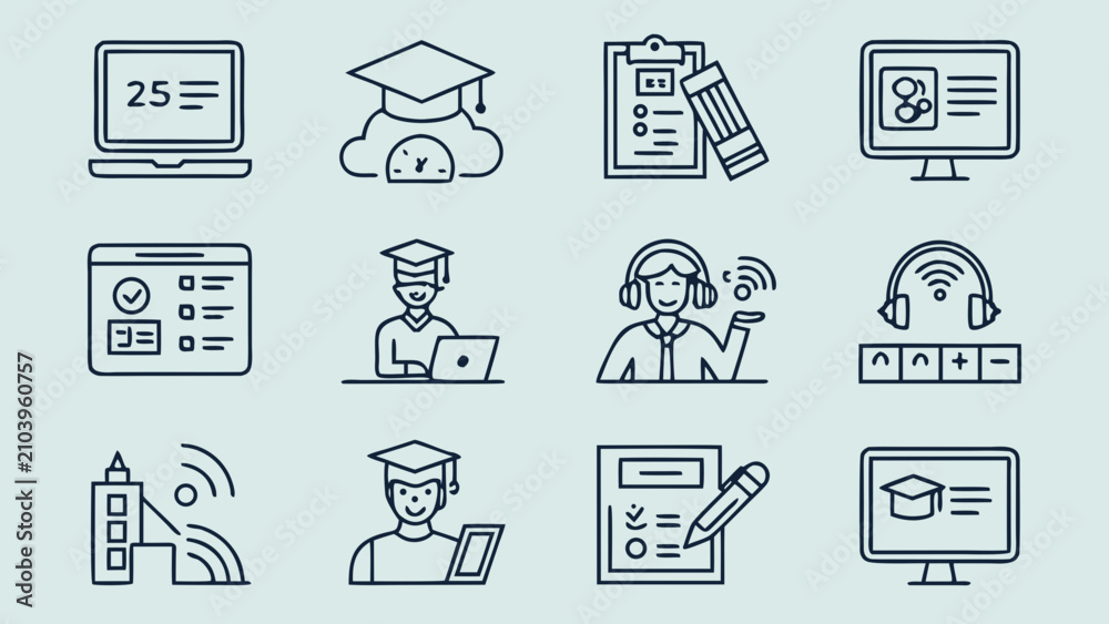 Fototapeta premium Online education and virtual learning line icon set with e learning, education