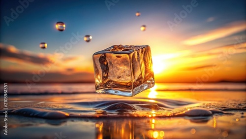 A single ice cube hovers above tranquil water at sunset, illuminated by the golden light, reflecting the vibrant colors of the sky, creating a serene and captivating scene.