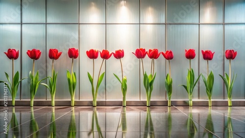 A row of vibrant red tulips stands elegantly against a sleek, modern wall, their reflections mirroring their beauty on the polished floor.