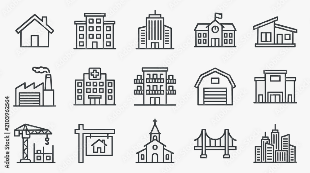 Fototapeta premium Dynamic Set of Black and White Line Icons Showcasing Various Buildings and Structures for Design Projects