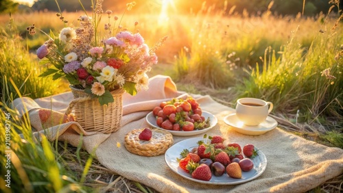A delightful summer picnic scene featuring a rustic basket of wildflowers, sweet berry tarts, bowls of ripe strawberries and cherries, and a warm beverage, all set against a sunlit meadow backdrop.