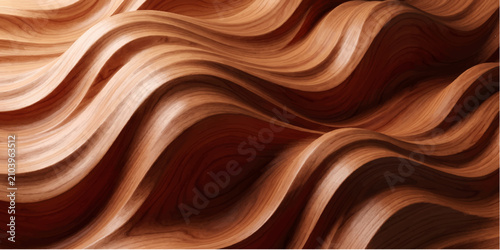 Photos Abstract wood grain texture with flowing, undulating patterns in warm, rich brown and tan hues, creating a sense of natural movement and depth