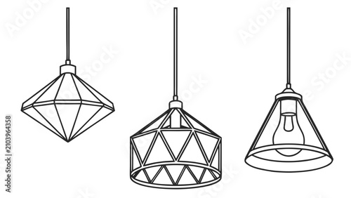 Quadro su tela Three hanging pendant lamps with geometric designs and a light bulb, geometric