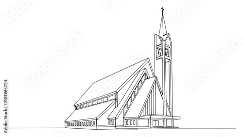 Quadro su tela Modern church building with high spire in continuous line drawing style