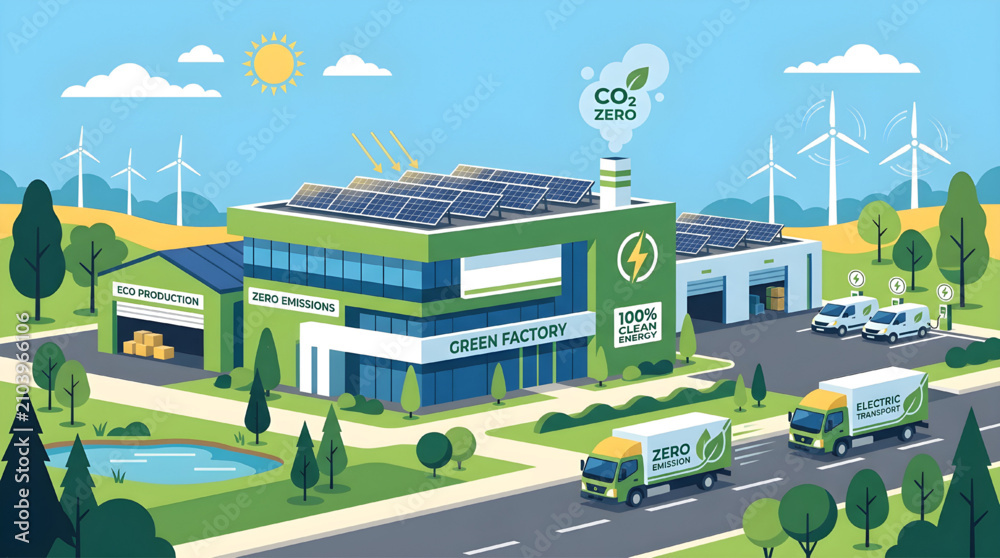 Naklejka premium Eco-Conscious Manufacturing Plant Powered by Renewable Energy and Supported by Zero Emission Transportation
