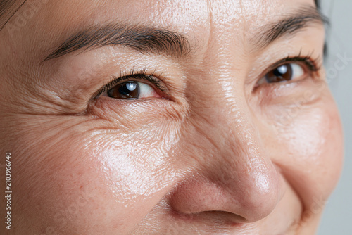 Extreme close up portrait of middle aged Japanese woman smiling with visible cheek wrinkle and natural skin texture, bright eyes and expressive crow feet conveying warmth and vitality