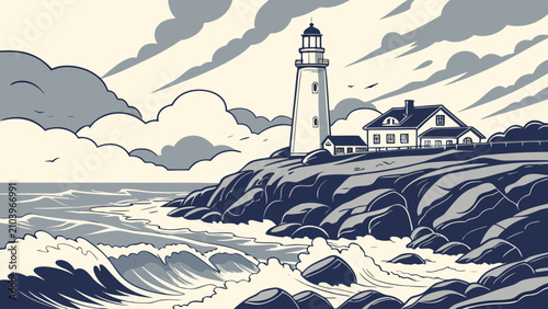 Vintage style lighthouse illustration on a rocky coastal cliff with lighthouse