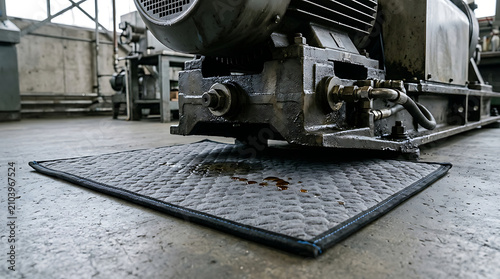 Industrial oil absorbent mat placed on a concrete floor under a heavy factory machine leaking oil