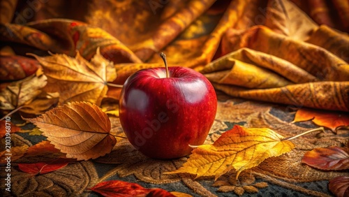 A vibrant red apple rests serenely amidst a tapestry of autumn leaves, creating a picturesque harvest scene.