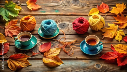 Autumnal Cozy Scene Warm Beverages, Colorful Yarn, and Vibrant Fall Foliage on Rustic Wooden Surface
