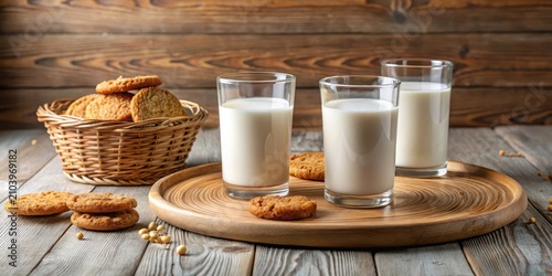 A delightful arrangement of plant-based milk and crunchy baked goods on a rustic wooden surface