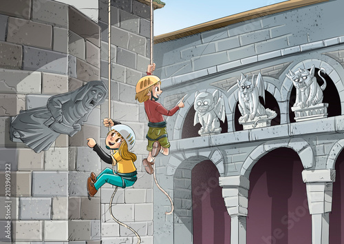 Scene of children climbing and observing the gargoyles of the cathedral, illustration