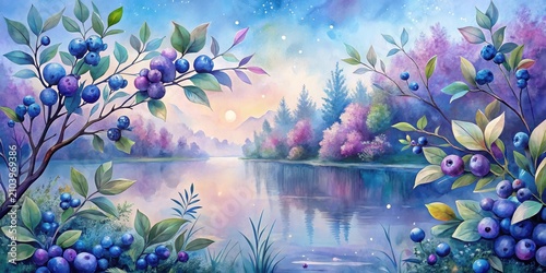 Serene Sunset Landscape with Abundant Blueberry Bushes Reflecting in a Calm Lake