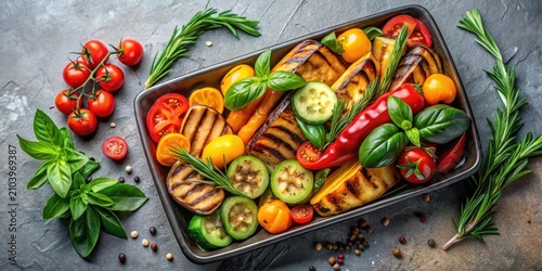 Aromatic Grilled Vegetables and Fresh Herbs in a Dark Pan