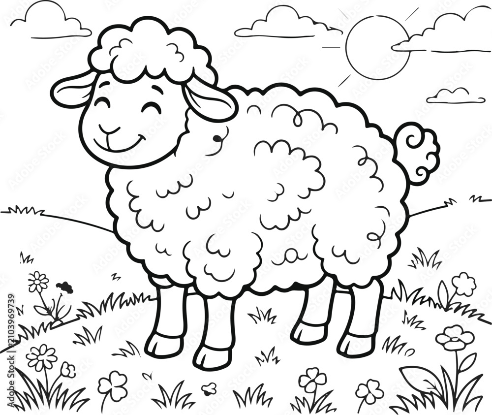 Obraz premium Charming black and white lamb illustration with flowers and clouds perfect for coloring pages